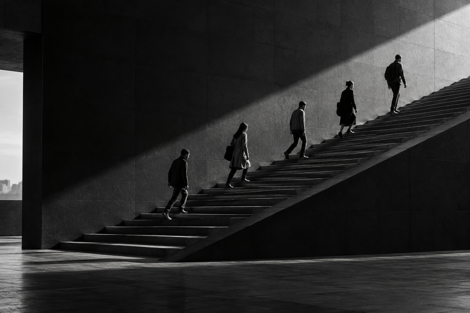 People climbing a staircase in the same direction.
