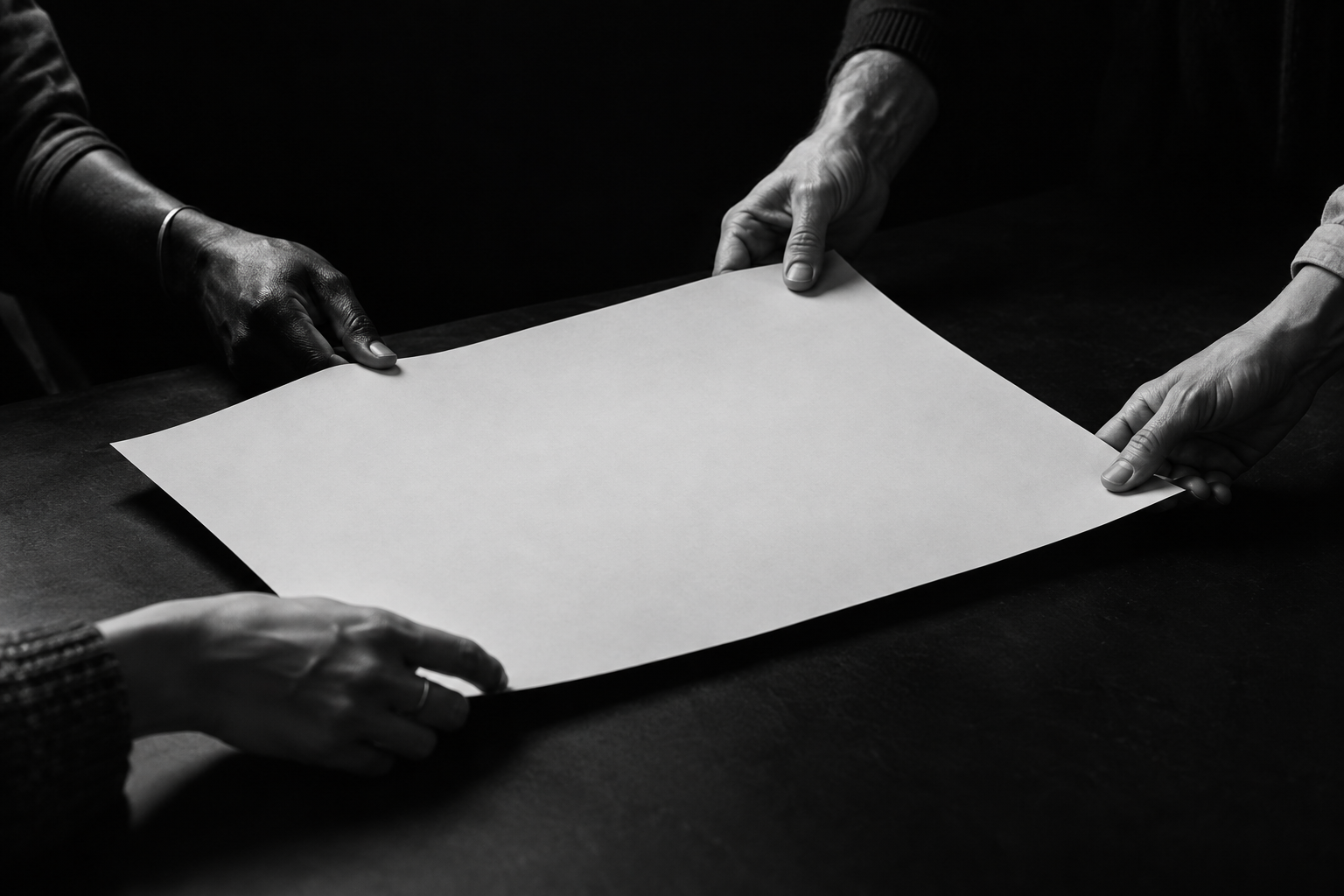 Several hands hold one white sheet together.
