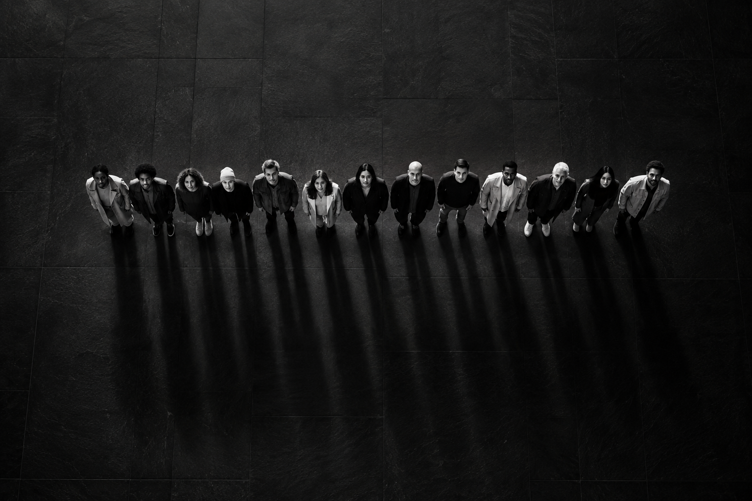 People standing together in one line, seen from above in black and white.